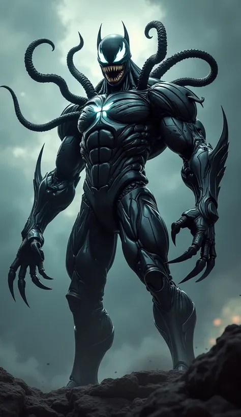 "Create a realistic hybrid creature combining elements of Shaktiman and Venom. The creature should have the muscular, heroic build and iconic armor-like suit of Shaktiman, with sleek black symbiote-like tendrils emerging from the suit, similar to Venoms fo...