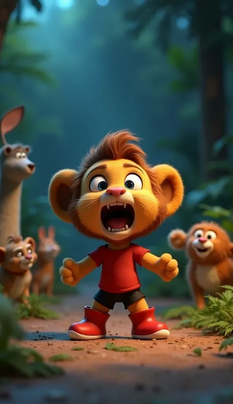 3D animation a cute baby lion cub,  medium size brown funcky hair a black shorts and red t-shirt. Red boot.   night image, The lion roaring loudly, looking angry and frustrated, as animals scatter in the jungle, startled but still laughing.
