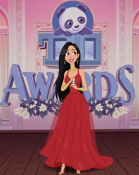 Woman 30 years, long black straight hair, wearing red v strap long taffeta ball gown dress with gold strap high heels sandals. 
Thanking on microphone and Holding award in the form of a small white and black panda 🐼, with pink and blue background screen th...