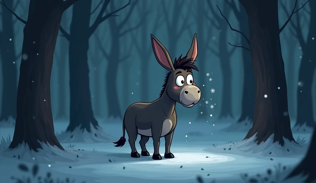 Create an image of the donkey shivering slightly, looking cold and lonely. The surrounding forest should look dark and quiet, and the atmosphere should feel chilly and empty, symbolizing its loneliness and separation from friends. Cartoon 
