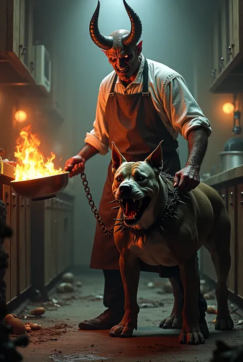 A scary devil chef  holding in one hand a pan in flames in another a ferocious pitbull with spikes around his neck  in chains screaming in kitchen background 