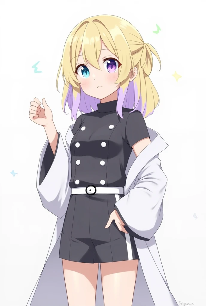 A girl with light yellow hair with light purple underneath, her right eye is blue and her left eye is purple, and she has two stars in her eyes. She wears a dark gray shirt and shorts, the buttons of the shirt are light gray, and she has a white belt, the ...