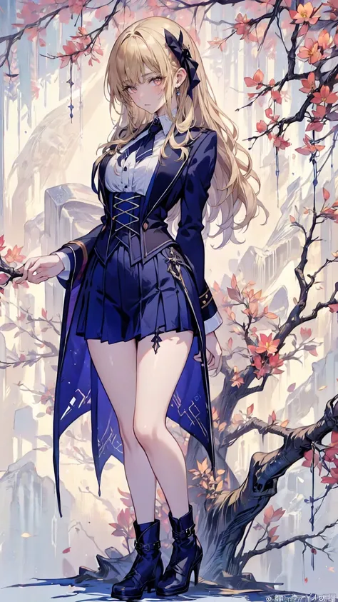  (((gothic))),      tree々Woman standing on a street surrounded by   、 A fascinating scene  ,      Decorate with hair accessories      、        pose is medium length       ,            wavy blonde hair   ..。.。Super mini skirt with frills, s expression is na...