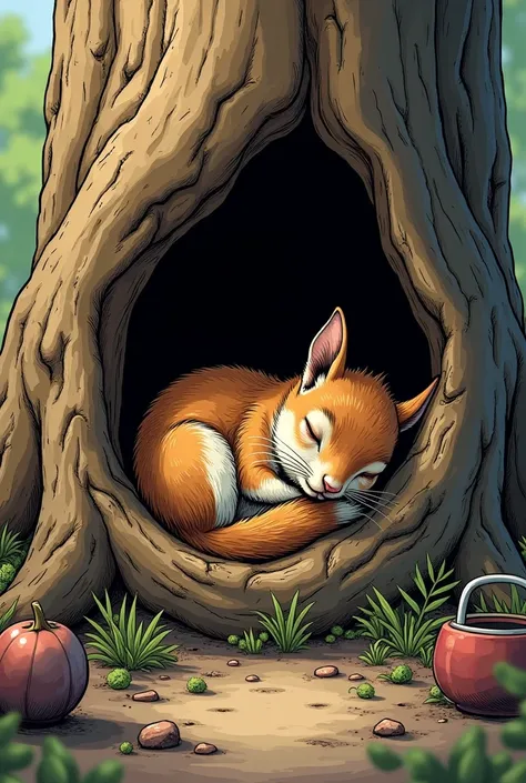 Comic book style realistic small squirrel asleep in his tree trunk with human props 