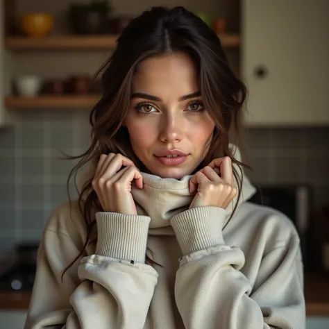  Beautiful girl ,  European appearance , in a sweatshirt to the neck , photo to the waist, kitchen against 