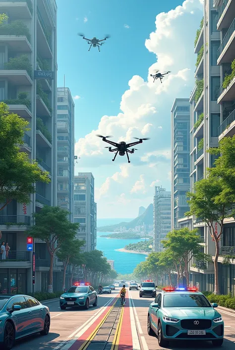 Future city full of trees   .   Only electric cars and bicycles on the road .  On top of buildings with solar panels and windmills. Drones are booking small container boxes .  On the slope of the house there are solar panels . City facing the sea .  On the...