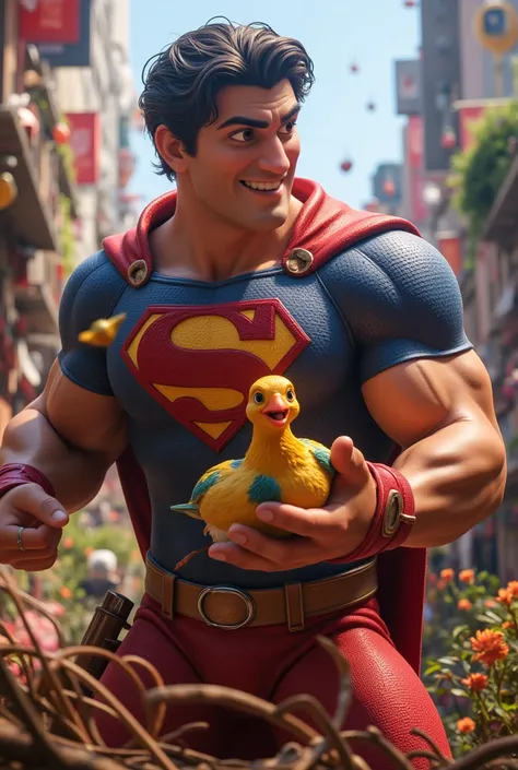 muscular, strong Superman, rescuing baby bird that fell out of its nest, superhero, rescues chicks that fell out of the nest, superhero