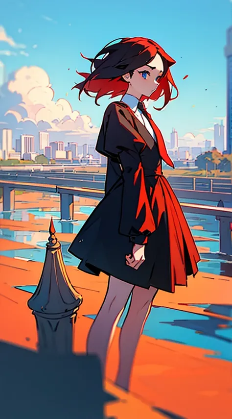 ( masterpiece ,newer,exceptional:1.2), animated,1 girl,blows,negro_hair, Beautiful eyes 8K,blue_sky,bridge,building,castle,city,cityscape,cloud,day,dress,looking_en_espectador,outdoors,red_ties,red_Love,Love,river,_hair,_sleeves,sky,skyscraper,Alone,standi...