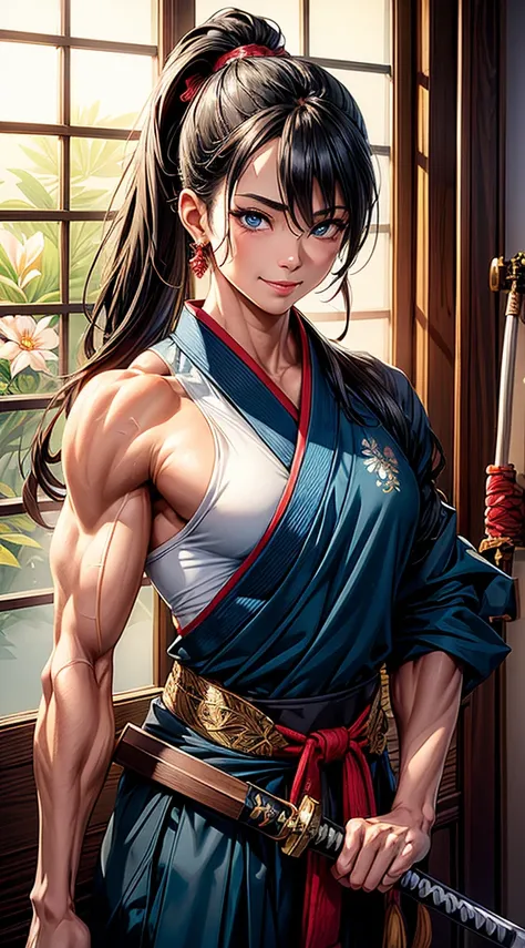 abs,((body_builder:1.5)),((masterpiece,ultra-detailed, intricate details, best quality,illustration)),1girl, solo, highres, looking at viewer, blue eyes, black hair, long hair, side ponytail, smiling, wearing traditional Japanese clothing, hakama, uwagi, g...