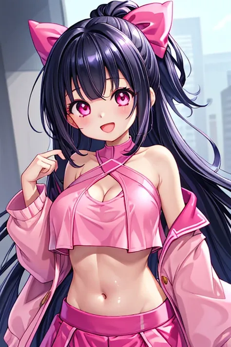 1girl, best quality, kawaii, shiny skin, shiny clothes, pink clothes, ninja, crop top, navel, midriff, bare stomach, large breasts, cleavage, long hair, black hair, smile, open mouth, shirine,