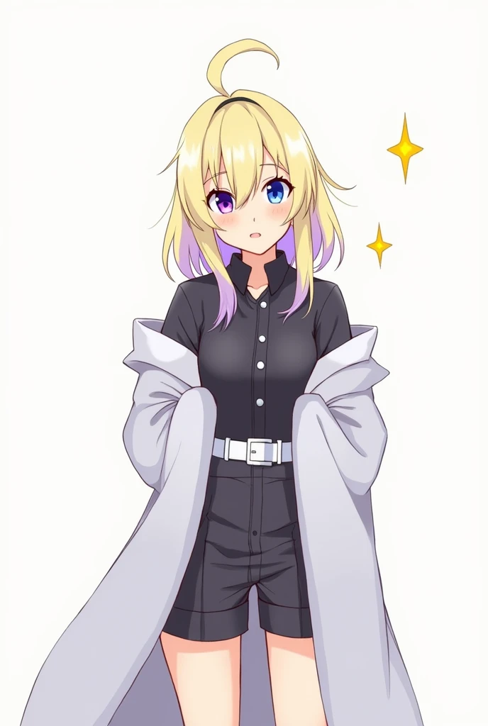 A girl with light yellow hair with light purple underneath, her right eye is blue and her left eye is purple, and she has two stars in her eyes. She wears a dark gray shirt and shorts, the buttons of the shirt are light gray, and she has a white belt, the ...