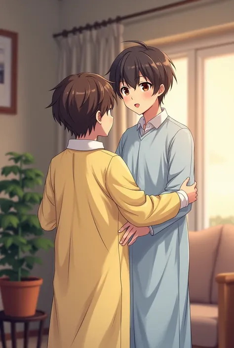 There are two  brothers in home one in school uniform and the other one in nightdress