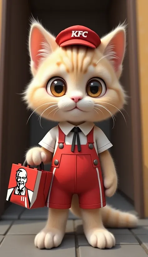  16K quality to create a very realistic photo， a cute cat，Wearing KFC clothes ，Wearing a hat，The standing posture of the person， carrying a KFC tote bag。 Very cute的表情，Moe。Shoot it from the perspective of a convex lens ， Very cute，Stand at an entrance 