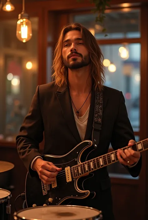 Best Art Video Hyperealistic, UHD, HDR, 5D, medium shoot of the Masculine Handsome man with long hair mirip "Kurt Cobain" style is very gently perform Grungge music unplugged withe Drum set music player, and his sights to viewer with love, on the stage of ...