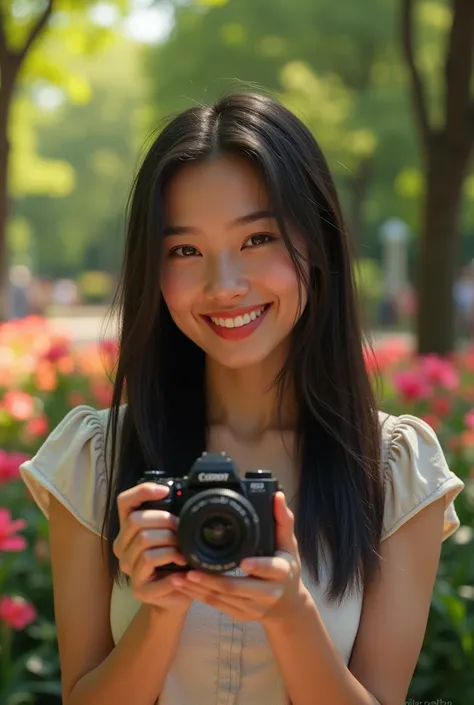 (photorealism:1.2), Beautiful Latin woman with straight hair smiling , Half body enjoying taking pictures in the park