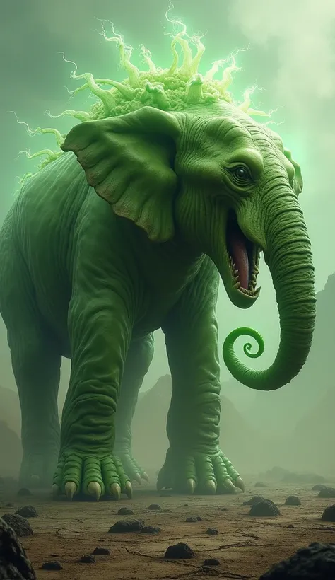 Mutant hybrid of a radioactive celery shaped like an elephant on four legs roaring and furious 