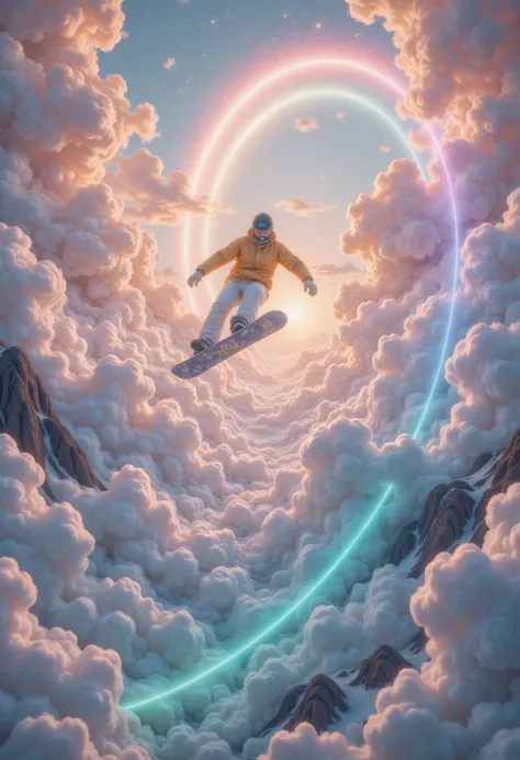 wonderland，cloud，(masterpiece:1.2,Excellent quality , mirror-like , cinematic experience ),8K,wallpaper,Snowboarder ,(Jump:2.0),(Dynamic:2.0),( HD aerial footage :2.0),Asahi,( The background is a beautiful rainbow:2.0)