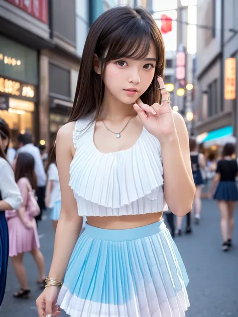 Product quality,1 girl,Cowboy Shot,Front view,Young and sexy Japanese girl,20-year-old,Harajuku,(Crowded street:1.4),Snazzy(Blue:1.5),shirt,wear,(Snazzyバッグ:1.3),Fashionable necklaces,Snazzyイヤリング,((White super short micro pleated mini skirt:1.5)),wear,Very ...