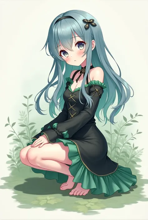 anime girl in a black and green outfit sitting on the floor, cute anime waifu in a nice dress, , the anime girl is crouching, anime visual of a cute girl, beautiful anime girl squatting, cute anime girl, anime moe artstyle, splash art anime loli, anime sty...