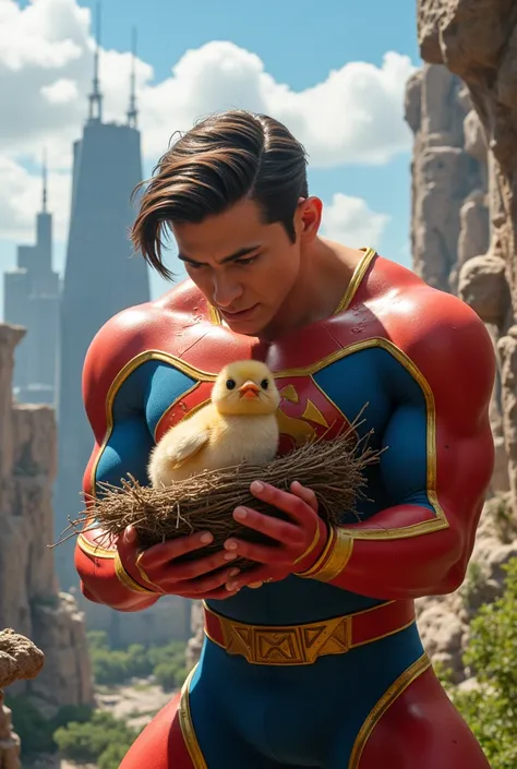 muscular, strong Superman, rescuing baby bird that fell out of its nest, superhero, rescues chicks that fell out of the nest, superhero