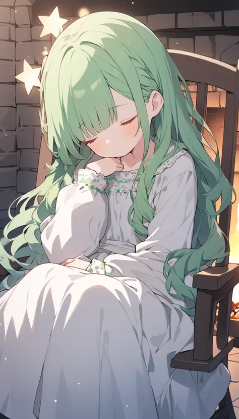 anime lady in a rocking chair in front of a fireplace, Wearing long sleeves dress with stars over head, 1girl, solo, cute girl, green hair, long hair,sitting, closed eyes, white dress, chair, long sleeves, bangs, Green Long Wayhair, Shiny green hair
Comfy,...