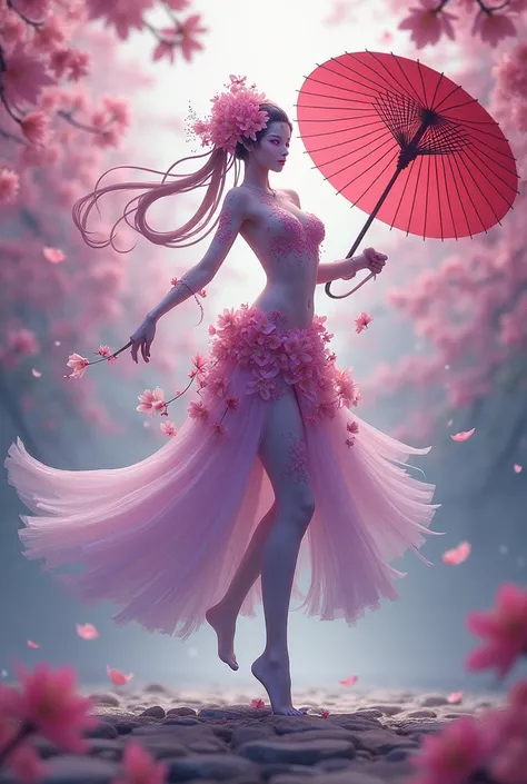 Beautiful flower blooming, fighting with Japanese umbrellas while having purple eyes, and cherry blossoms dance in the background