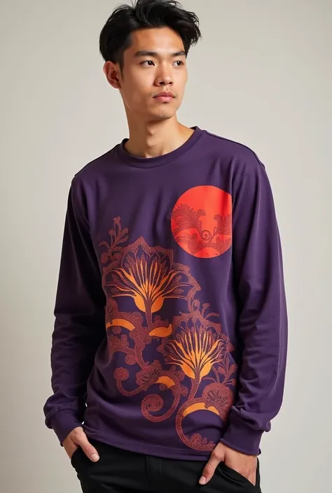 DESIGN COLLARED  LONG SLEEVED TSHIRT , PURPLE AND RED GOLD COLOR, ABSTRACT MODERN RELATED TO AGRICULTURE