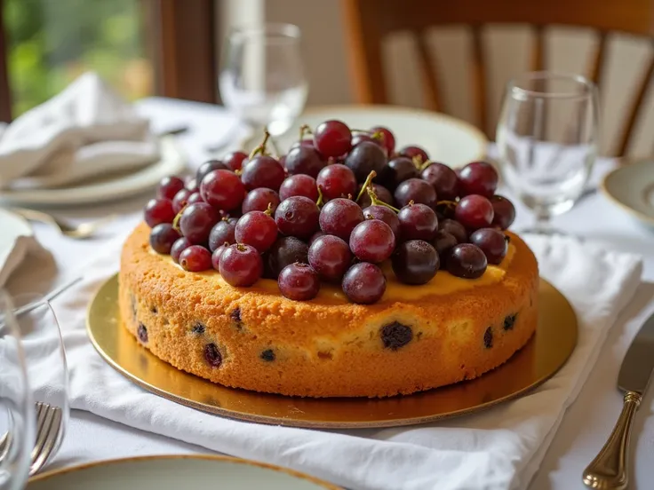 Create a beautiful grape cake.  placed on a well-served table. realistic image.