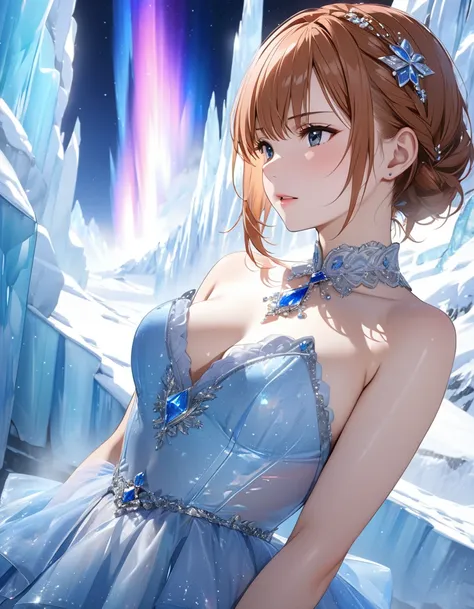 NSFW:1.5, Aurora Over the Glacier, masterpiece:1.5, masterpiece, highest quality, (Misaka Mikoto), UHD, retina, masterpiece, accurate anatomy, textured skin, super detailed, high quality, best quality,  highres icon, 8k