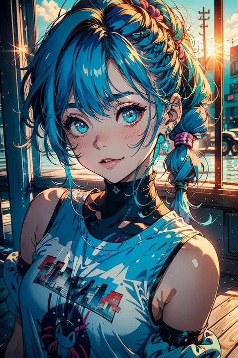  lush eyelashes ,  The first girl with a blue tail high up to her shoulders and a calm face.,  beautiful face, multi-colored hair,  hair gradient ,  hair color : blue,  blue hair,  High blue tail , (without bangs), curl on the cheek ,  hairstyle high ponyt...