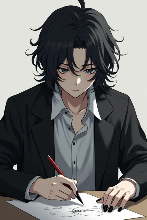 create an anime boy with half-curled black hair, he wears a black coat and a white shirt, he has black nails, he is gray, he is drawing, he is a teenager 