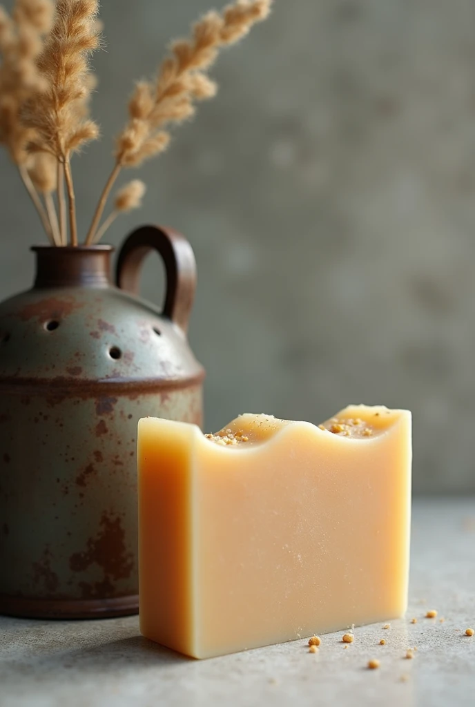 A handmade soap next to a used oil bottle.