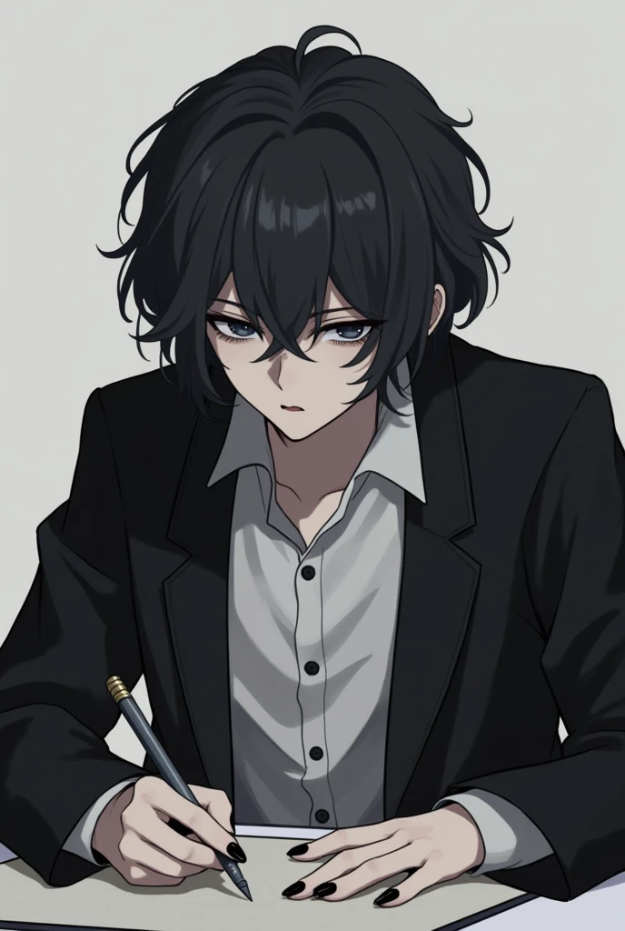 create an anime boy with half-curled black hair, he wears a black coat and a white shirt, he has black nails, he is gray, he is drawing, he is a teenager 