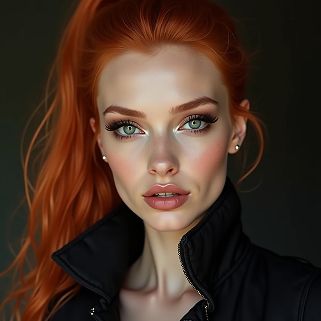   Woman with soft oval face ,  soft marked jaw  ,  Woman with emerald green eyes , medium lashes,   shiny soft dark makeup  , upturned nose, pale skin.  Pointed profiled eyebrows  .  Age thirty-nine .   long red hair ,  fluffy and smooth . Russian, Swedish...