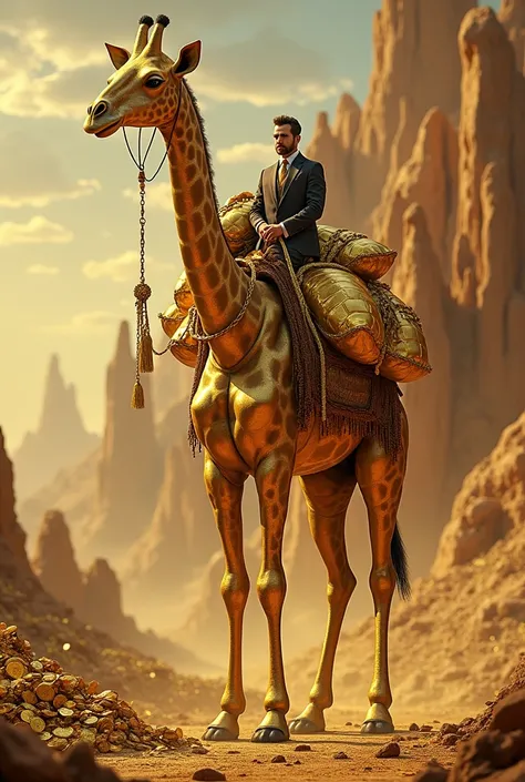 A giant golden giraffe all in gold, it is carrying bags of money and lots of gold, jewels in a stunning setting full of money and riches like jewels among other riches, on top of this giraffe there is a well dressed man with lots of money too, he is walkin...