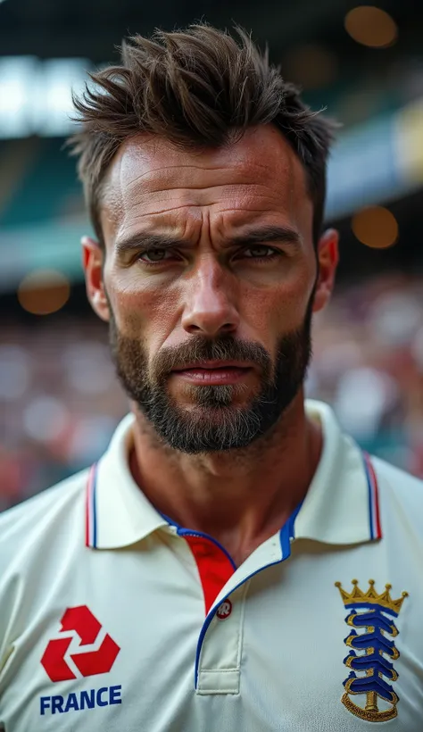 A French man in test match jersey cricket jersey in the stadium close up look realistic image high definition image 