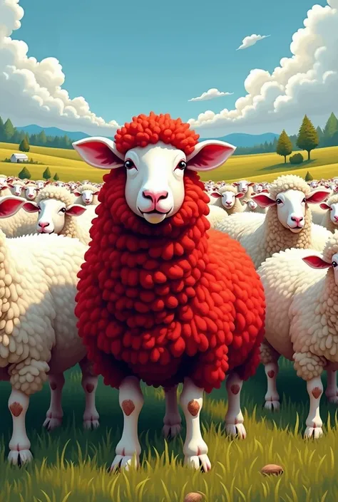  A red sheep and several surrounding white sheep, beautiful, Americana, Gouache, Landscape, Texturing, Granulated,  Sticker , colorful colors, Hackercore ,  Museum lighting, 4K