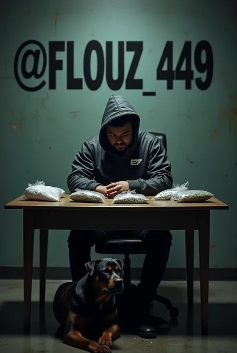  Generate me a man sitting on a chair in front of a wall!  The man has a jacket on the left at his chest the lettering “EA7” is pulled deep in his face with a hood. The wall should say big “@Flouz_449 “and this in capital letters !  There should be a table...