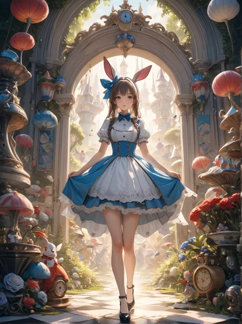 Full body shot 、1 girl, masterpiece, highest quality, 8k, fine skin texture, fine cloth texture, beautiful detailed face, intricate details, Super detailed, alice in wonderland,  Upper body