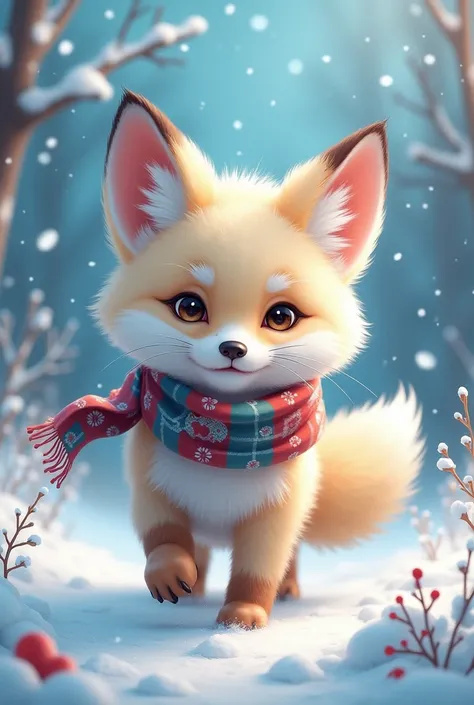 Style-NebMagic, portrait of Ismail Inceoglu, Gazelli, James jean, Anton Fadeev and Yoshitaka Amano, a fluffy cute Arctic fox wearing a Style-SylvaMagic scarf in the snow, very detailed, 8k resolution, digital art, trending on artstation, Vibrant Colours, C...