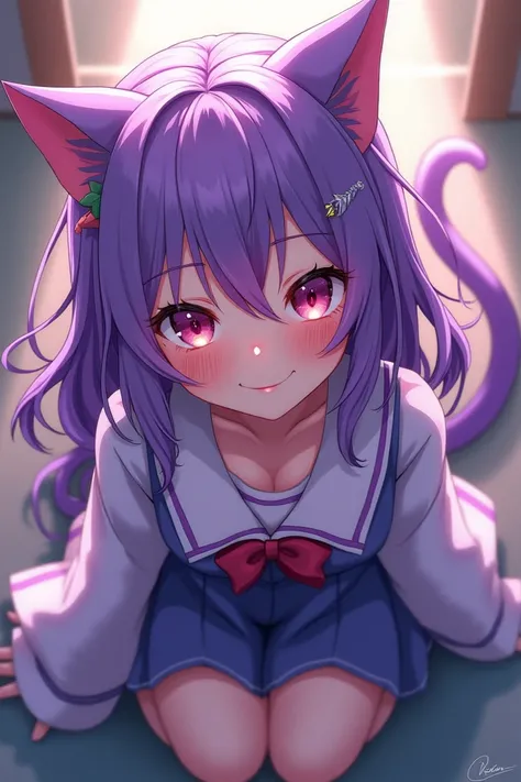 highly detailed,best quality,illustration,professionally color graded,cute face,disheveled hair,magical_girl,kemonomimi_mode,big top sleeves,long hair,no_panties,school uniform,finely detail,kneehighs,seductive smile,:q,light blush,blush,cat_ears,gradient_...