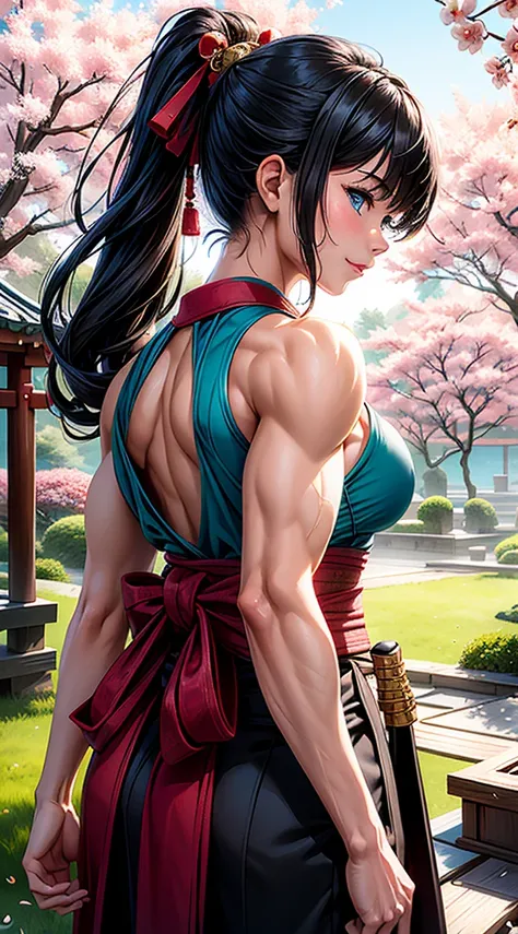 from back, abs:1.1,((body_builder:1.3)),((masterpiece,ultra-detailed, intricate details, best quality,illustration)),1girl, solo, highres, looking at viewer, blue eyes, black hair, long hair, side ponytail, smiling, wearing traditional Japanese clothing, h...