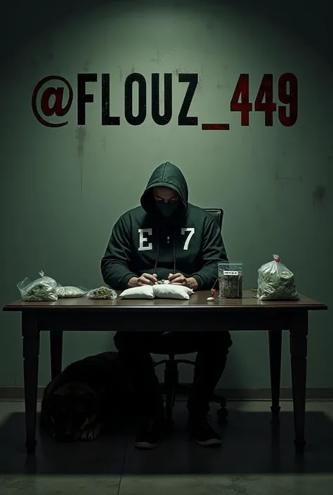  Generate me a man sitting on a chair in front of a wall!  The man has a jacket on the left at his chest the lettering “EA7” is pulled deep in his face with a hood. The wall should say big “@Flouz_449 “and this in capital letters !  There should be a table...