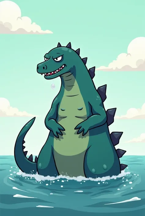 Create a cartoonized image of Godzilla swimming bored