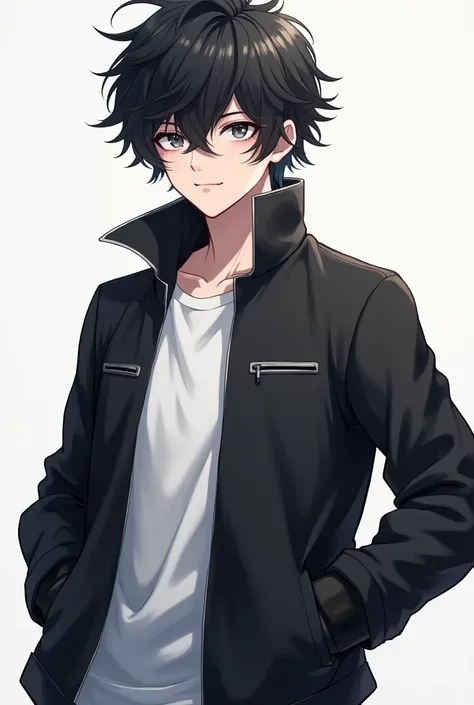 a teenage boy in anime he is literally white, he has black hair a little curly, he wears a black jacket that has gloves that do not cover his fingers, and he wears a white shirt , he is desanhando  