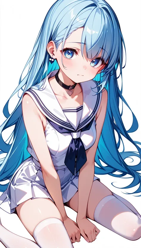  High image quality 、  High Quality 、   one girl who is at ease 、 shy expression 、  Droopy eyes、 light blue hair 、  straight hair 、 long hair 、Light blue eyes、  short、Loli Big Tits、 medium breasts、 cleavage、 face close-up、 shy expression 、 taken from above...