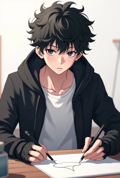 a teenage boy in anime he is literally white, he has black hair a little curly, he wears a black jacket that has gloves that do not cover his fingers, and he wears a white shirt, he is drawing 