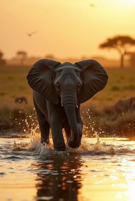 Create a captivating 8K video of a baby elephant playfully splashing around in a waterhole under the warm sunlight of a savanna landscape. The scene is filled with soft golden hour light, illuminating the elephants wrinkled skin and tiny water droplets fly...