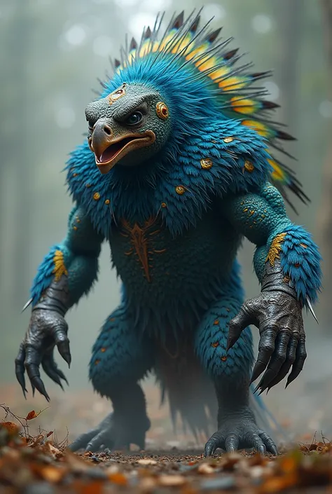 American Indian fused with a peacock, beak-shaped mouth and nose, black eyes, arms, forearms and fingers with black spines, body covered with small blue feathers, head with crown of peacock feathers ready to fight