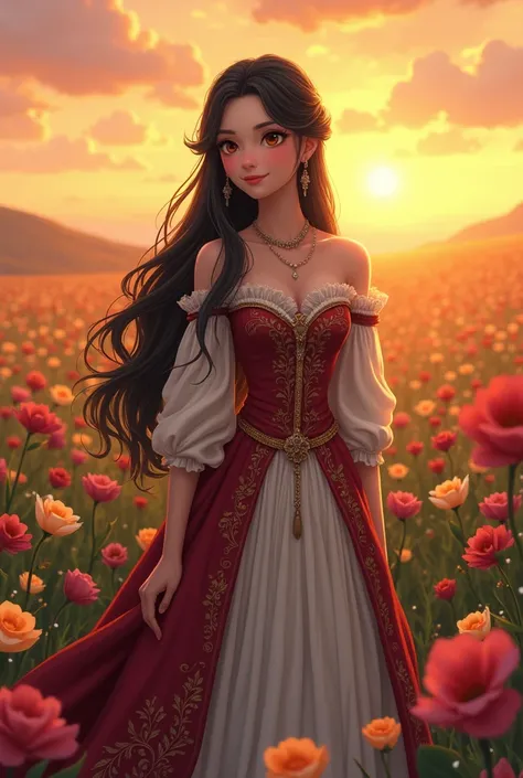 woman 25 years old, smiling, Noble clothing ,  long black hair,  brown eyes , Anime medieval, sunset, flowery field